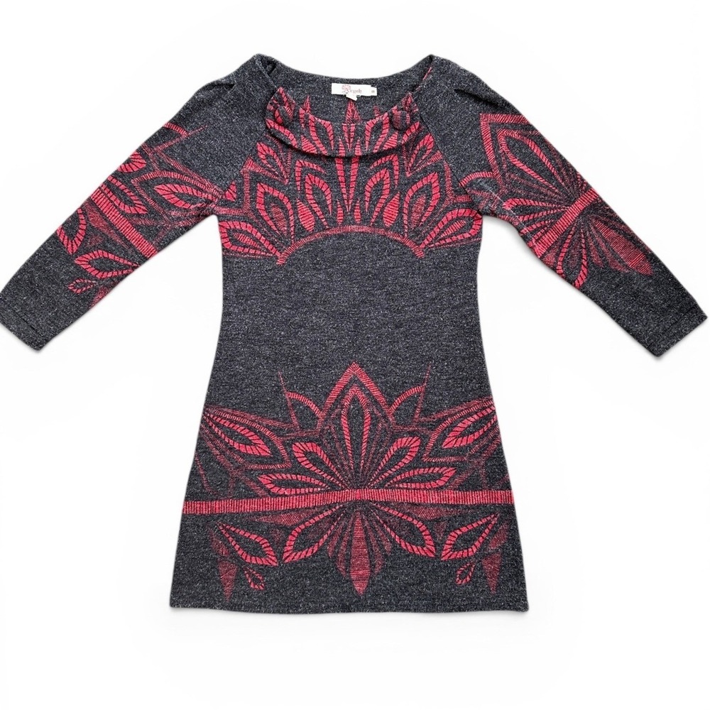 Aryeh Mandala Knit Tunic Dress Wmn Size Small Gray Red Good Cowl Neck 3/4 Sleeve